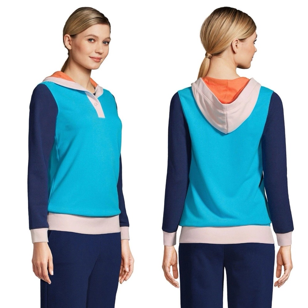 Lands End Serious Sweats Colorblock Hoodie Blue Navy Orange 1X 16W-18W